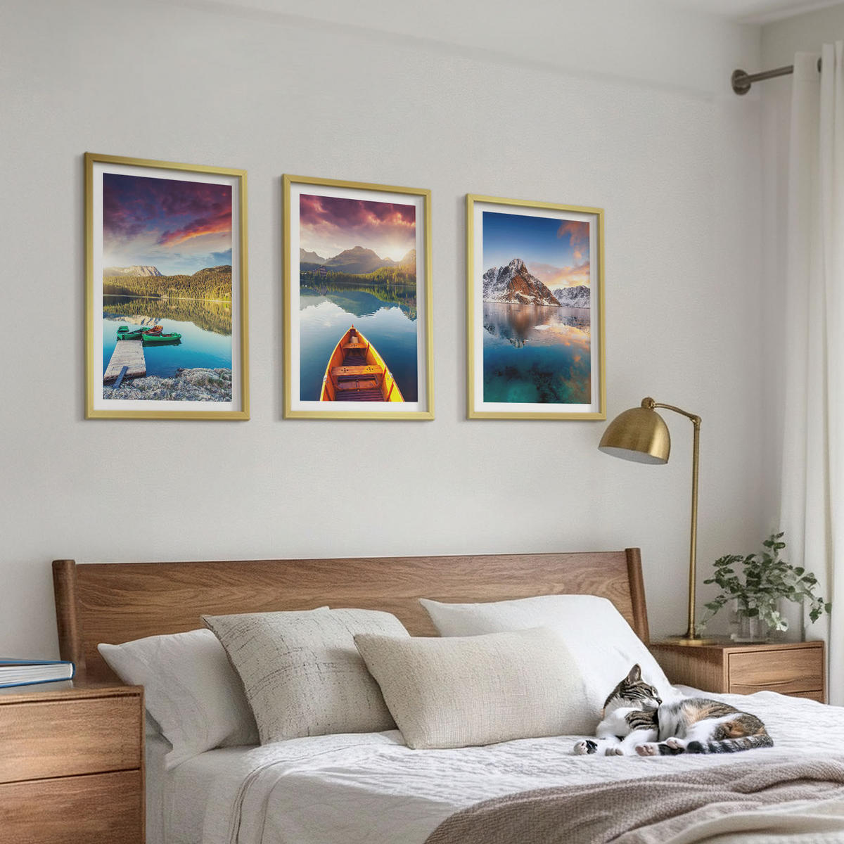 BILDER SET 3er Set - 40x60 cm Goldrahmen - Seen, Berge, Boote, Frieden - Goldfarben, Kunststoff (40/60cm) - TULUP