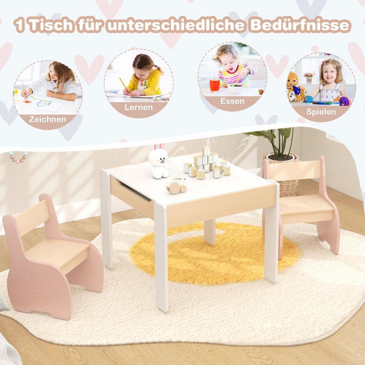 KINDERTISCH mit Stuhl rosa(3-tlg) - Pink, Holzwerkstoff (63.5/48/61.5cm) - COSTWAY