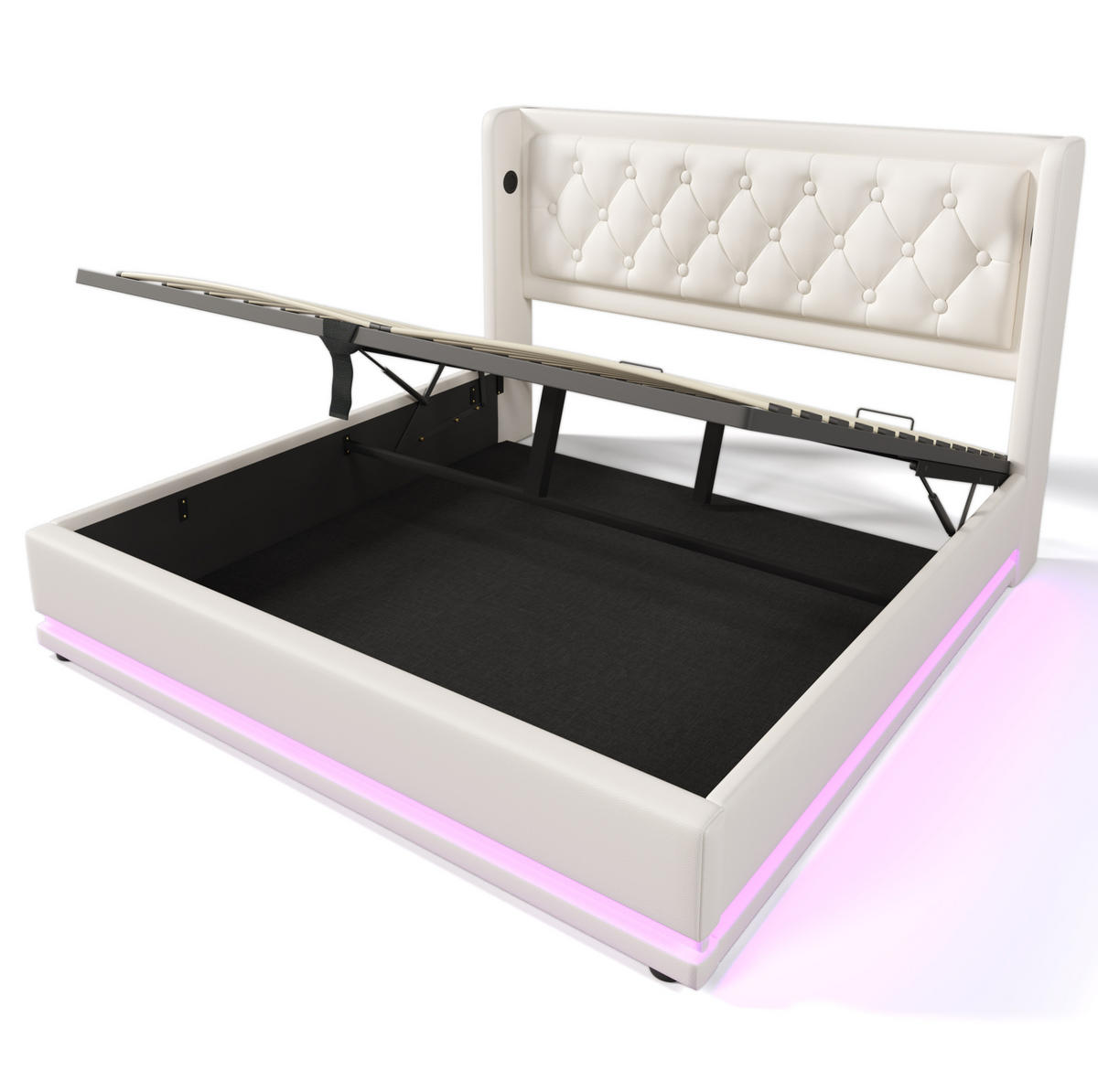 POLSTERBETT 140/200 cm weiß aus PU mit LED, Stauraum und Matratze - Weiß, Holzwerkstoff (140/200cm) - OKWISH