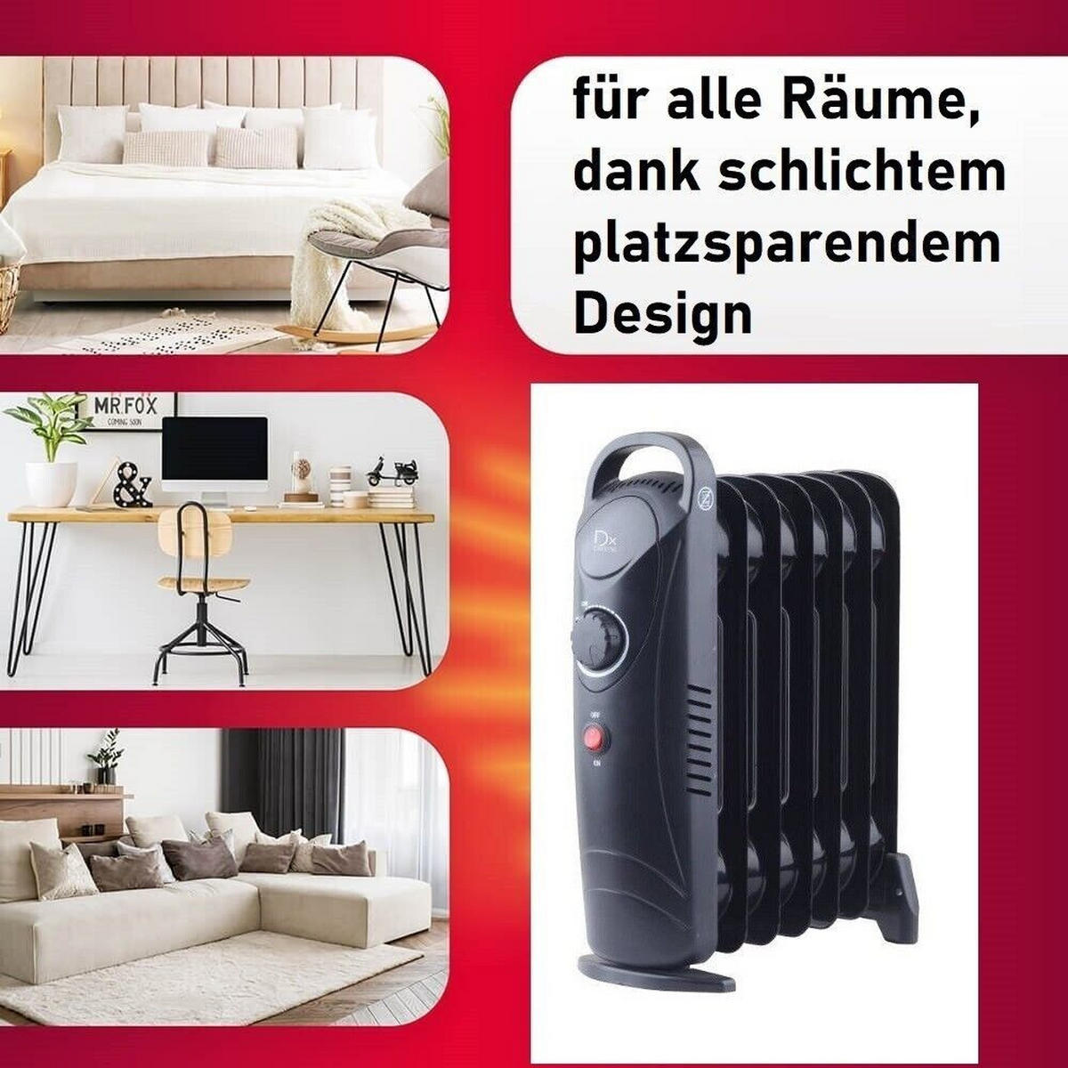 ÖLRADIATOR – TCG626 – 450 W, Kompakte Elektroheizung, Leise, Thermostat, Mobiles Heizgerät, Energiesparender Konvektor für Innenräume - Schwarz, Metall (42/42/13cm)