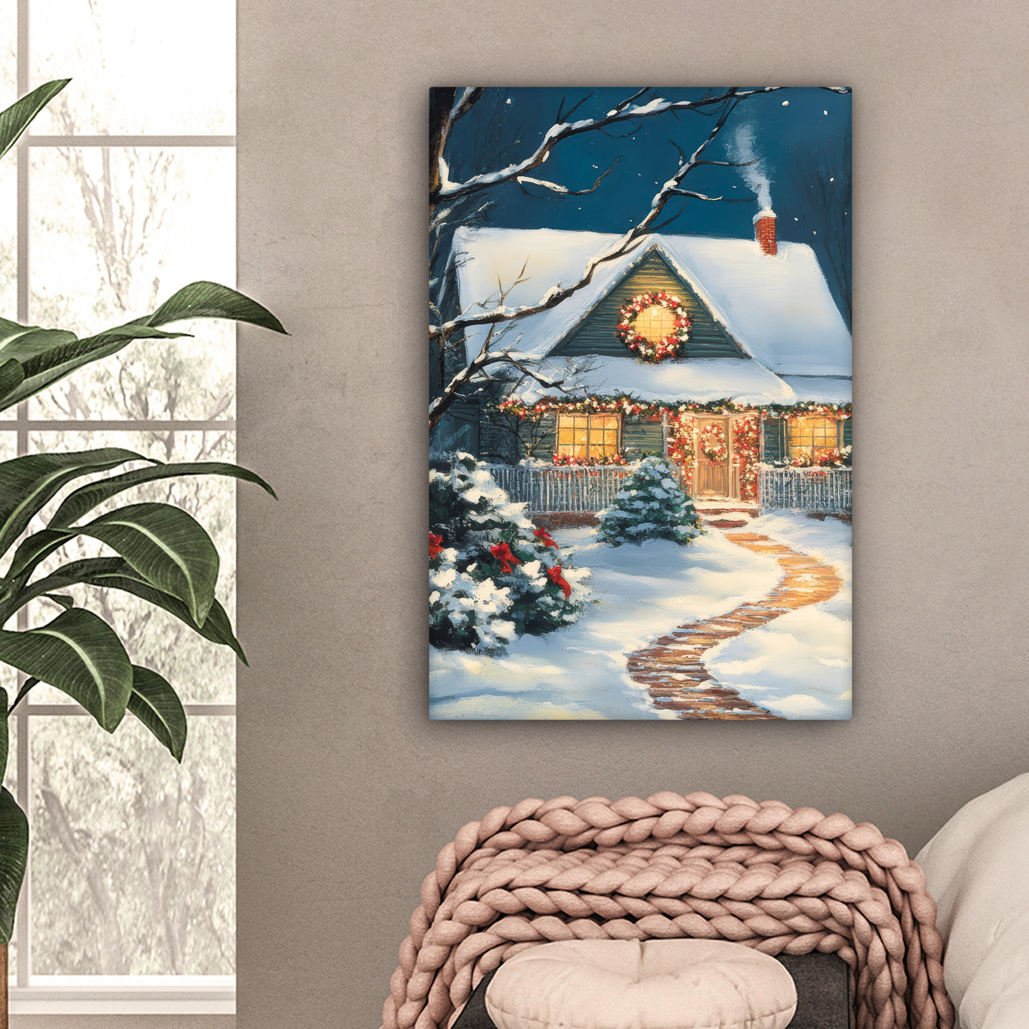 LEINWANDBILD Weihnachten - Weihnachtsbaum - Winter - Zuhause - Schnee 60x90 cm - Smaragdgrün, Textil (60/90cm) - MuchoWow