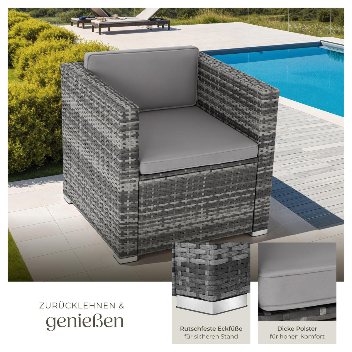 RATTANSESSEL Lignano,70 x 69 x 65cm,grau - Grau, Kunststoff (70/65/69cm) - tectake