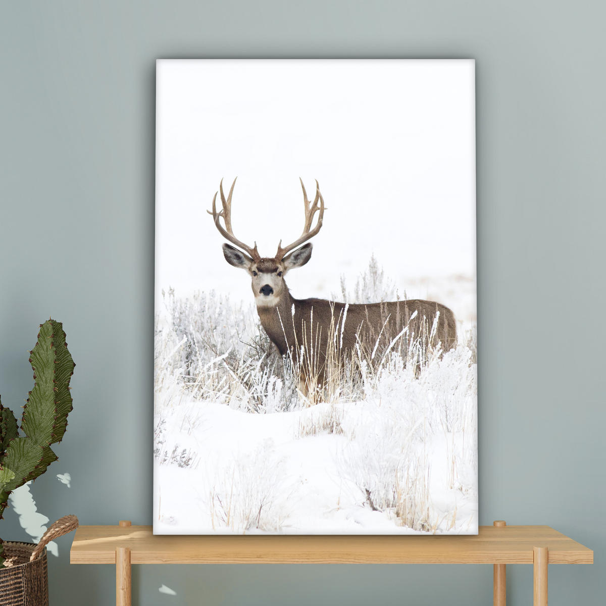 LEINWANDBILD Hirsche - Winter - Schnee - Tiere - Jahreszeiten - Weiß 60x90 cm - Hellbraun, Textil (60/90cm) - MuchoWow