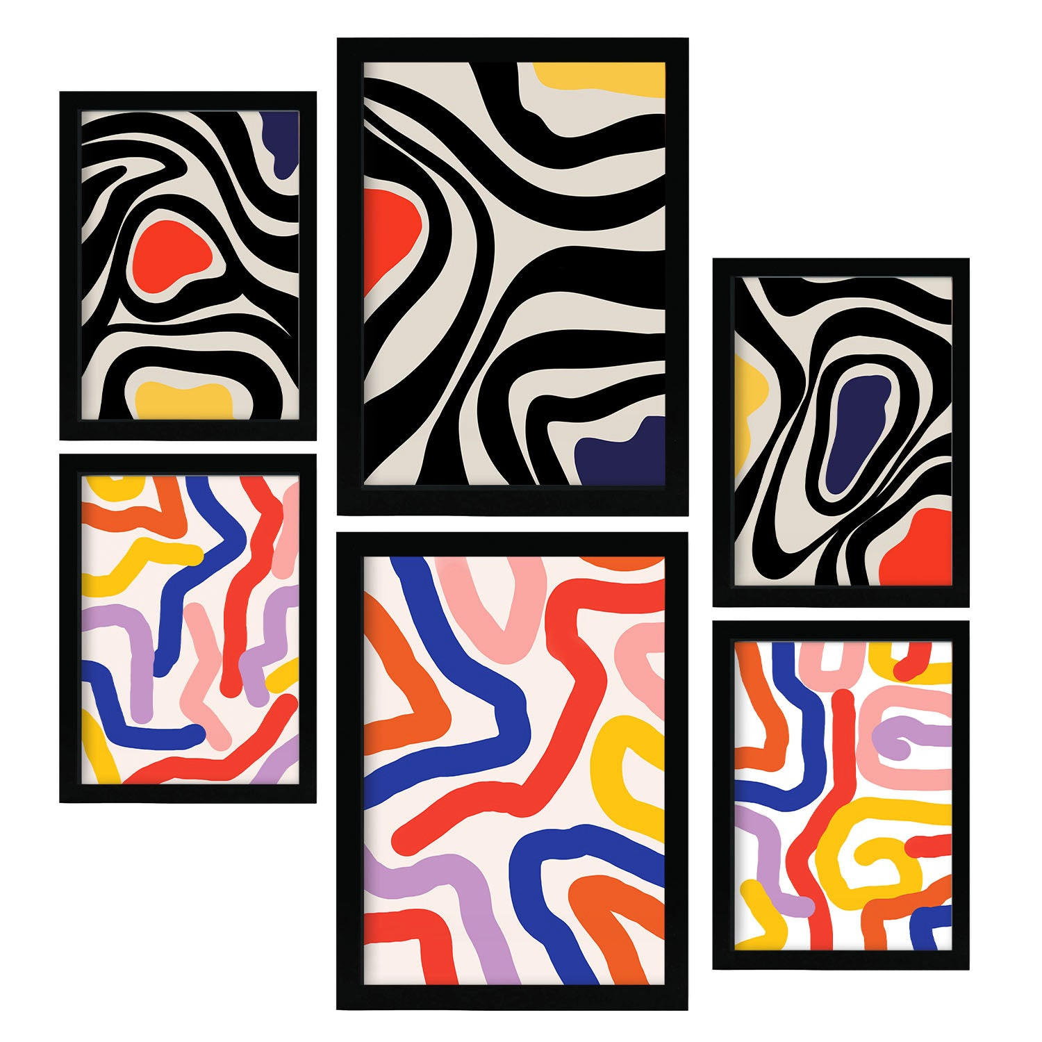 POSTER Set Mit 6 Florid Wie In Farbenfrohe Zusammenfassungen A3 & A4 Schwarzer Rahmen - Schwarz, Papier (29/3cm) - Nacnic
