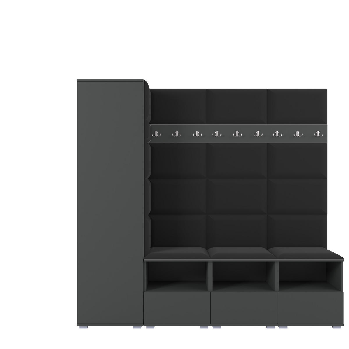 GARDEROBE NELA IX 200 cm (Modulare Flurmöbel Graphit mit Sitzpolster Schwarz 16 Breite Sitzbank) - Silberfarben/Schwarz, Holz/Holzwerkstoff (200/187/40cm) - Ravio
