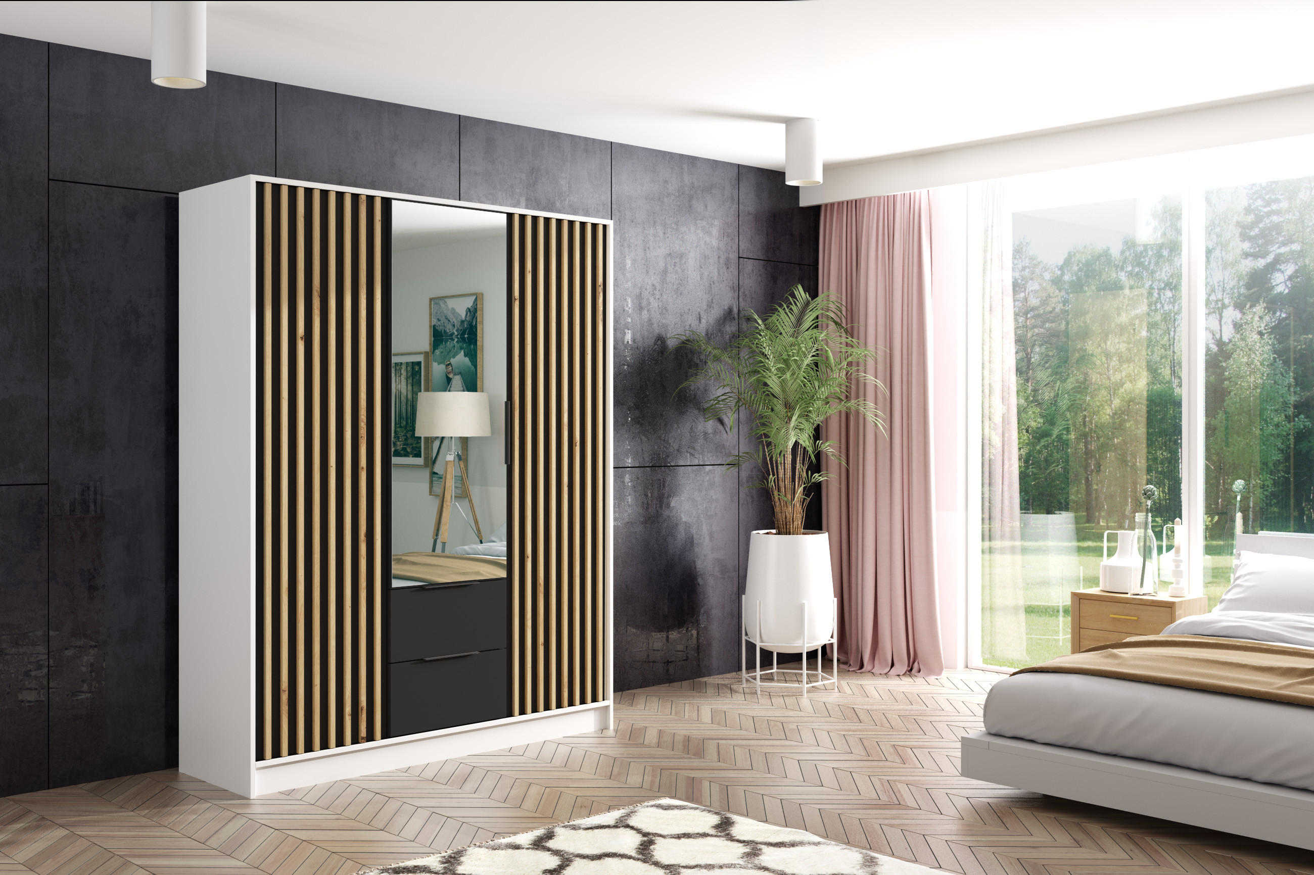 KLEIDERSCHRANK NERA - 150 cm - Weiß|Schwarz|Eiche Artisan - Schwarz/Weiß, Holzwerkstoff (150/200/51cm) - ALTDECOR