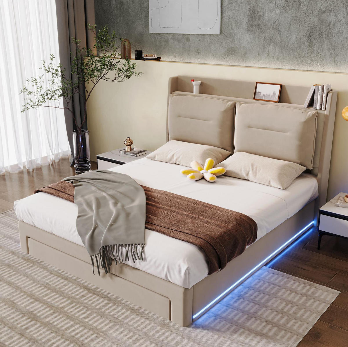 POLSTERBETT 180/200 cm Beige mit hydraulischem Bettkasten und LED-Beleuchtung - Beige, Textil (180/200cm) - OKWISH