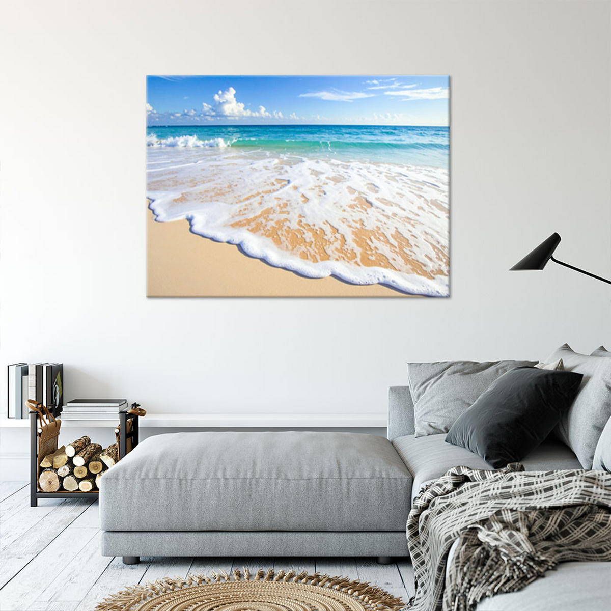 BILD auf Leinwand, Tropischer Strand mit türkisfarbenem Meer - Blau, Textil (90/60cm) - Feeby
