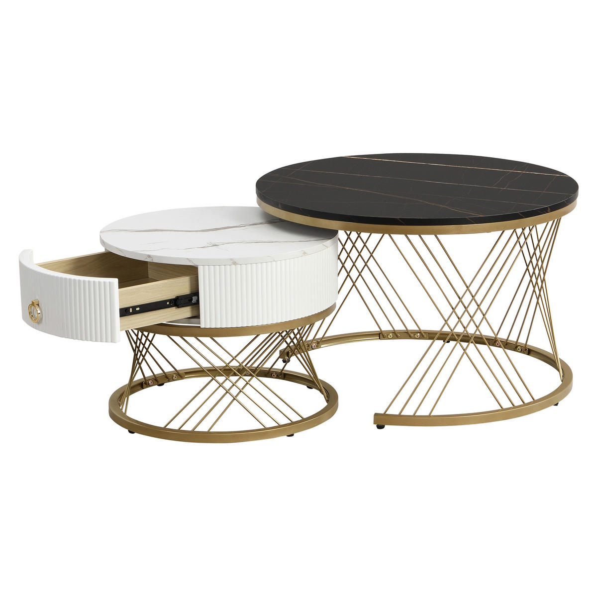 COUCHTISCH 70/70/45 cm im 2er-Set mit Schublade, Marmoroptik und Goldakzenten - Schwarz, Holzwerkstoff (70/70/45cm) - Flora Grace