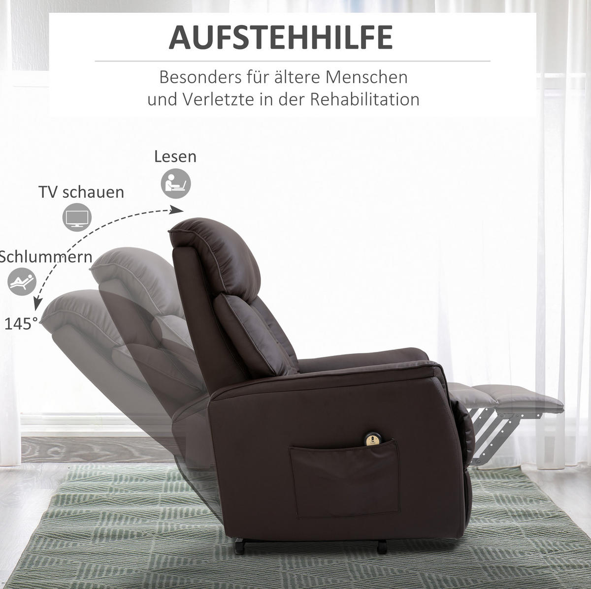 SESSEL 80/94/104 cm mit elektrischer Aufstehhilfe und Relaxfunktion - Braun, Kunststoff (94/104/80cm) - BEAOK