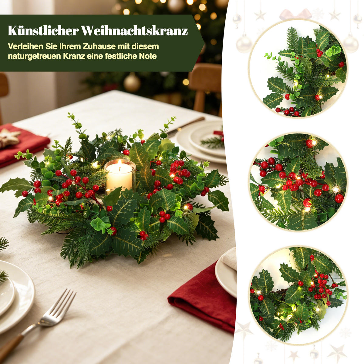 RUNDER LED-Weihnachtskranz Ø 40 cm mit roten Beeren, 30 LEDs, Timer - Dunkelgrün, Naturmaterialien (40cm) - Hometopia