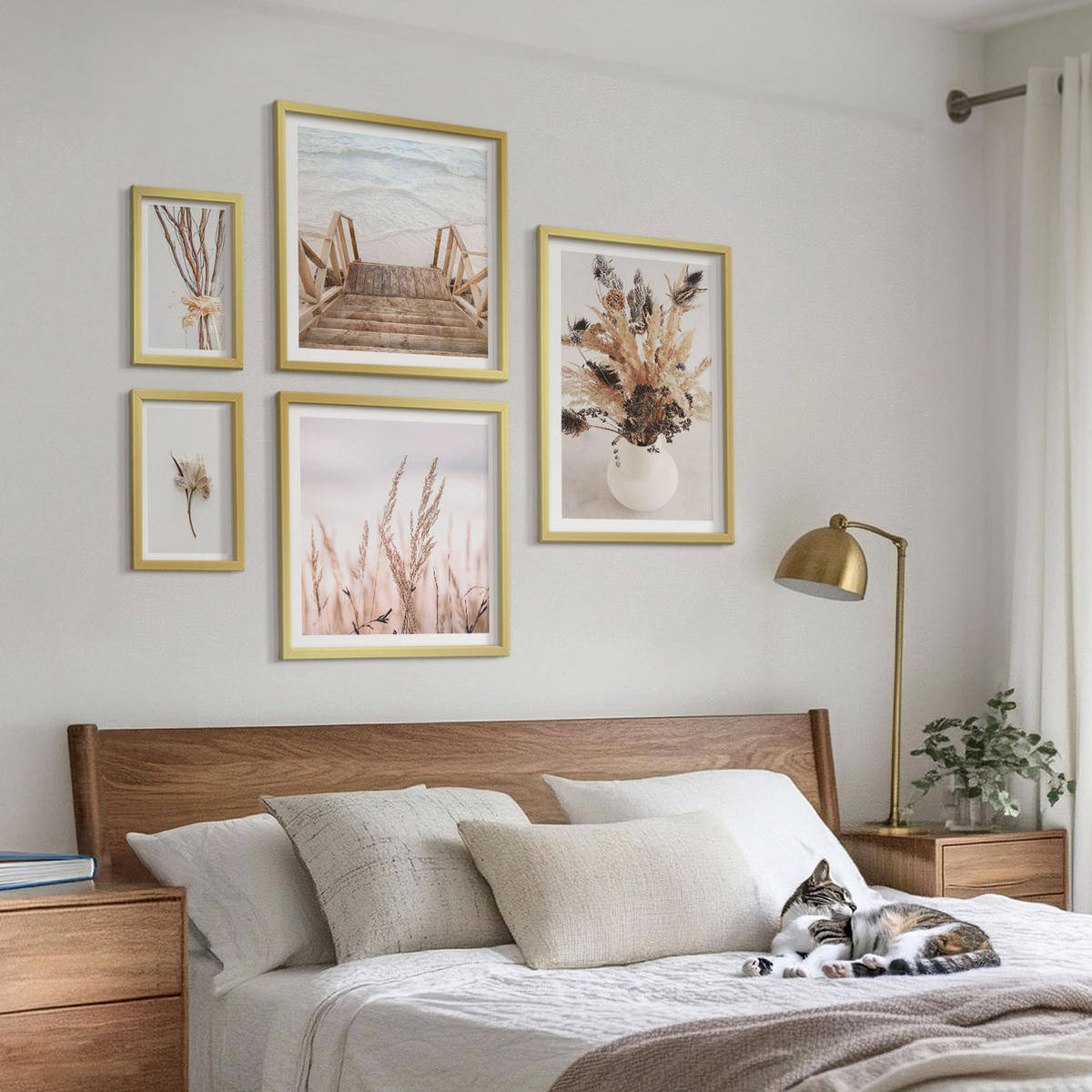 BILDER SET 5er Set - 50x50 cm & 20x30 cm & 40x60 cm Goldrahmen - Blumenzweige Minimalismus Natur - Goldfarben, Kunststoff (40/60cm) - TULUP
