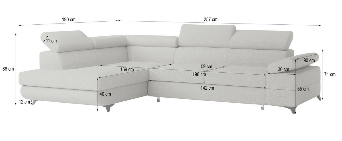 ECKSOFA FAVIEN R-S Hellgrau Boucle-Stoff mit Schlaffunktion - Hellgrau, Holz (257/190cm) - MASSENO