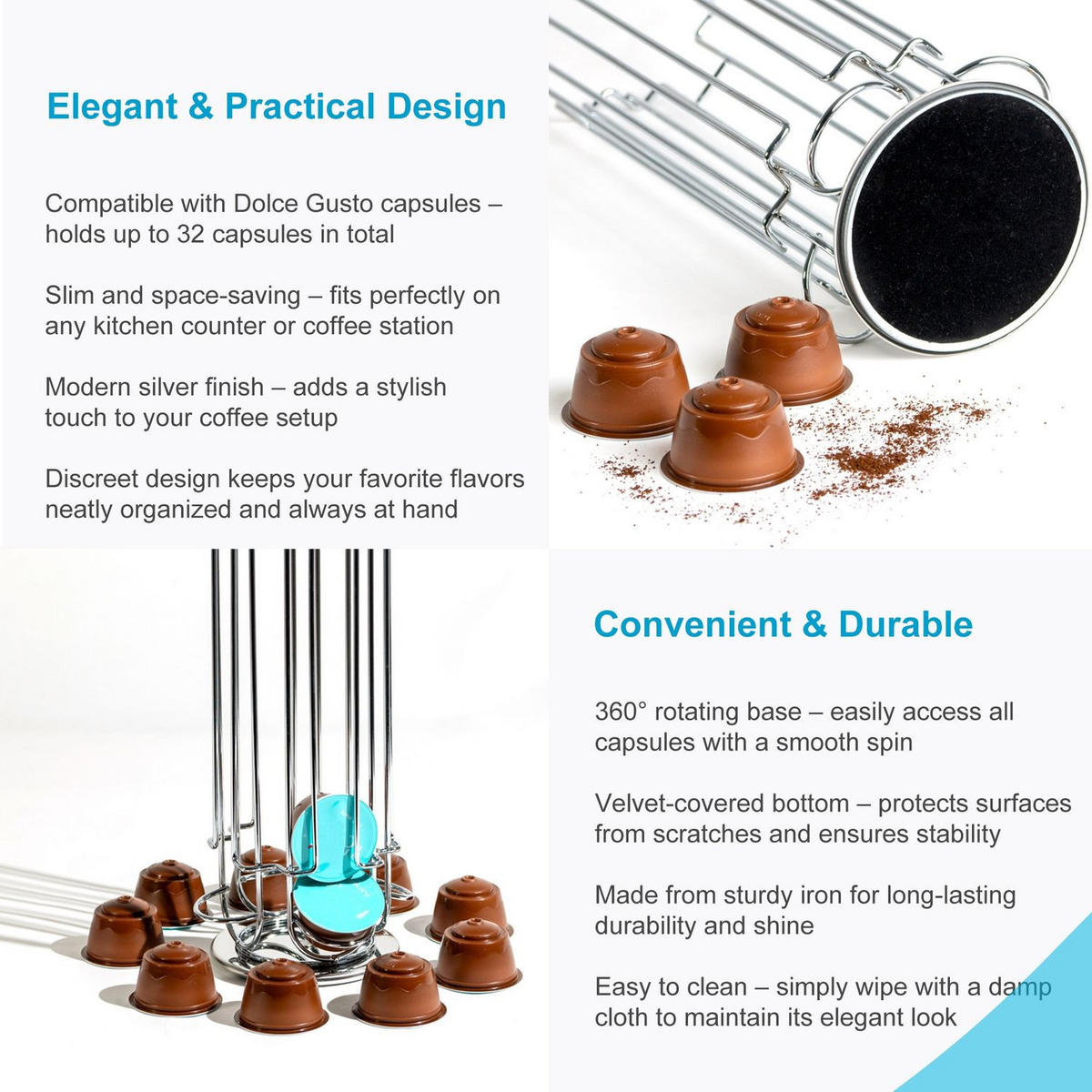 KAFFEEKAPSEL Halterung für 32 Kapseln kompatibel mit Dolce Gusto Kapseln - Silberfarben, Metall (13.5/43/13.5cm) - Intirilife