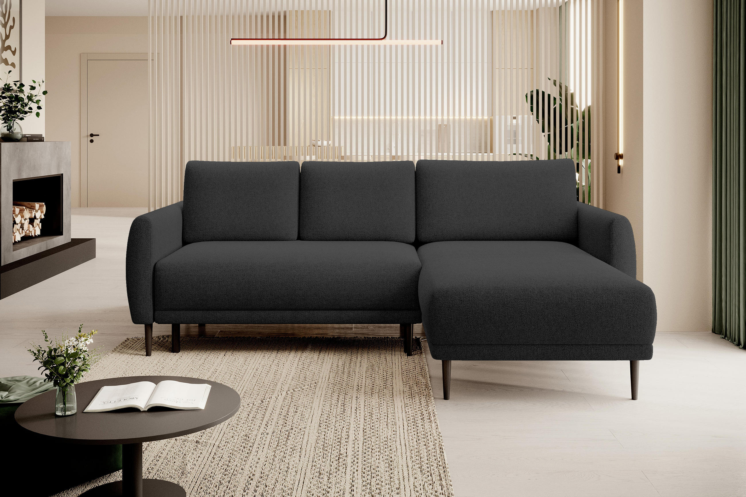 ECKSOFA Bono – Stilvolles Sofa mit Schlaffunktion, Robuste Holzfüße, Elegante Armlehnen, Tiefe Sitzfläche 226x164x88 cm – Rechte, Schwarz - Schwarz, Holz/Textil (226/164cm) - DomoHome