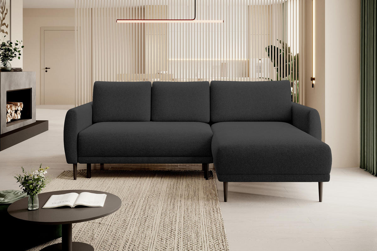 ECKSOFA Bono – Stilvolles Sofa mit Schlaffunktion, Robuste Holzfüße, Elegante Armlehnen, Tiefe Sitzfläche 226x164x88 cm – Rechte, Schwarz - Schwarz, Holz/Textil (226/164cm) - DomoHome