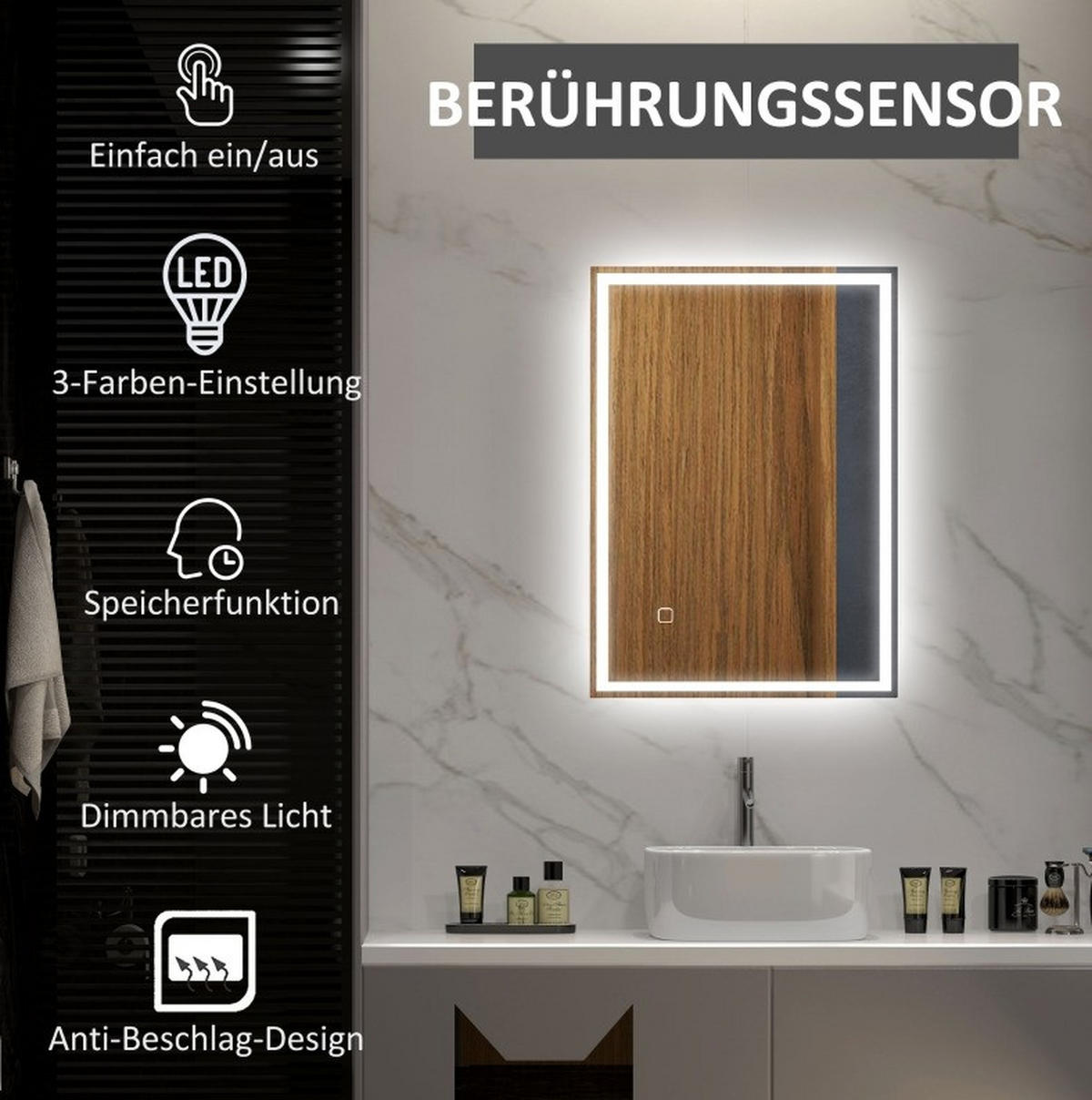 WANDSPIEGEL 70/50/4 cm silber aus Glas mit LED und Anti-Beschlag - Silberfarben, Glas (50/4/70cm) - OKWISH