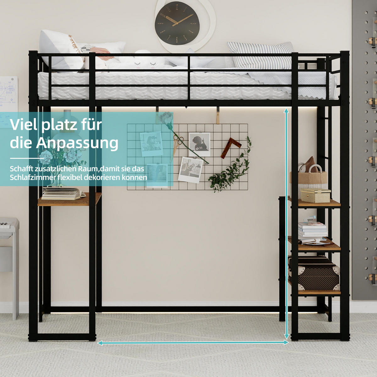 EISENBETT 90x190cm, Bett, Tisch, Geländer, Treppen, Stauraum, Kinder, Jugend - Schwarz, Metall (100/200cm)