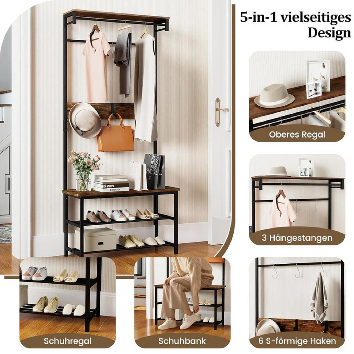 GARDEROBENSTÄNDER mit Schuhbank schwarz - Schwarz, Metall (70/169/32cm) - COSTWAY