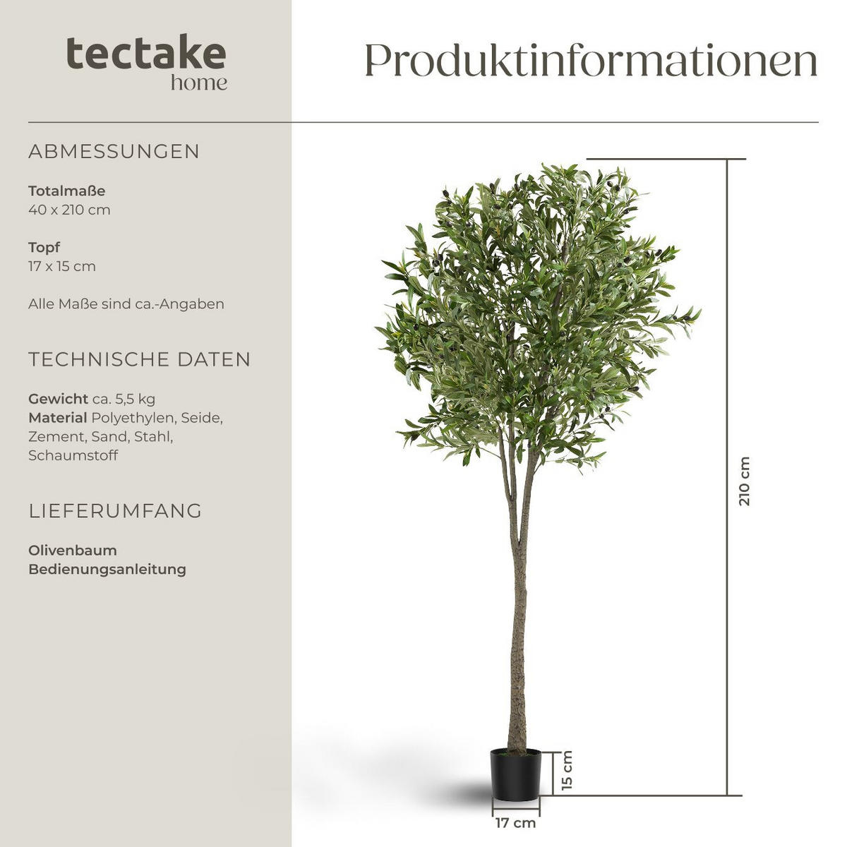 KÜNSTLICHER OLIVENBAUM Oleand, stabiler Kunststoff Blumentopf, grün - Grün, Kunststoff (210cm) - tectake