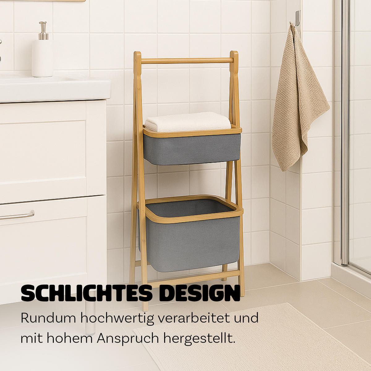 AUFBEWAHRUNGSREGAL Bambus mit 2 Stoffkörben - 34×45×97 cm - Grau, Textil (45/97/34cm) - Bestlivings