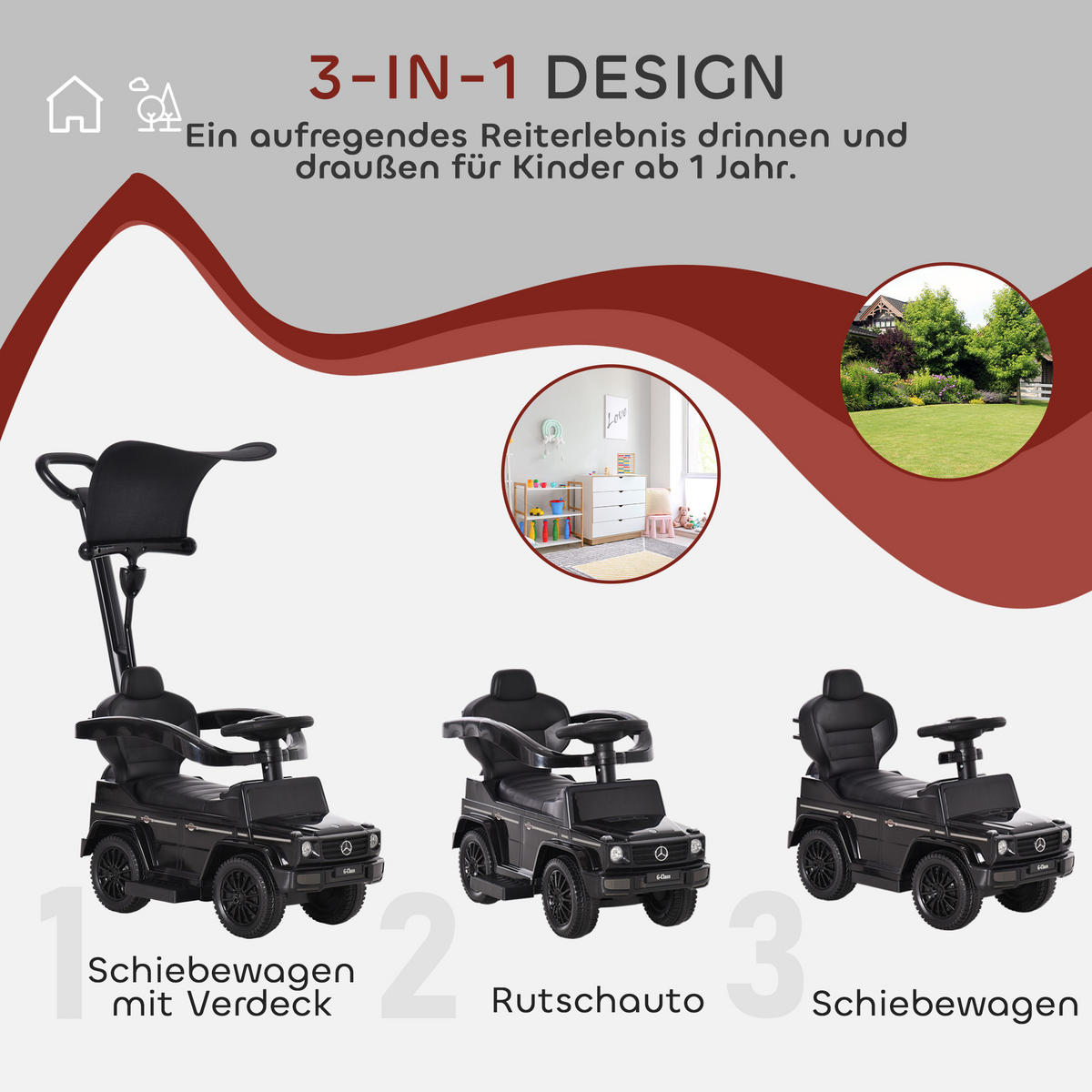 RUTSCHAUTO mit Schiebstange Kunststoff Metall Schwarz - Schwarz, Kunststoff (85.5/40.5/95cm) - HOMCOM