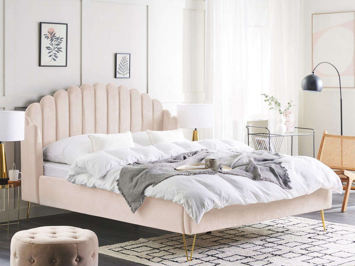 SAMTBETT 160/200cm Helles Beige Ambillou - Beige, Textil (160/200cm) - Beliani