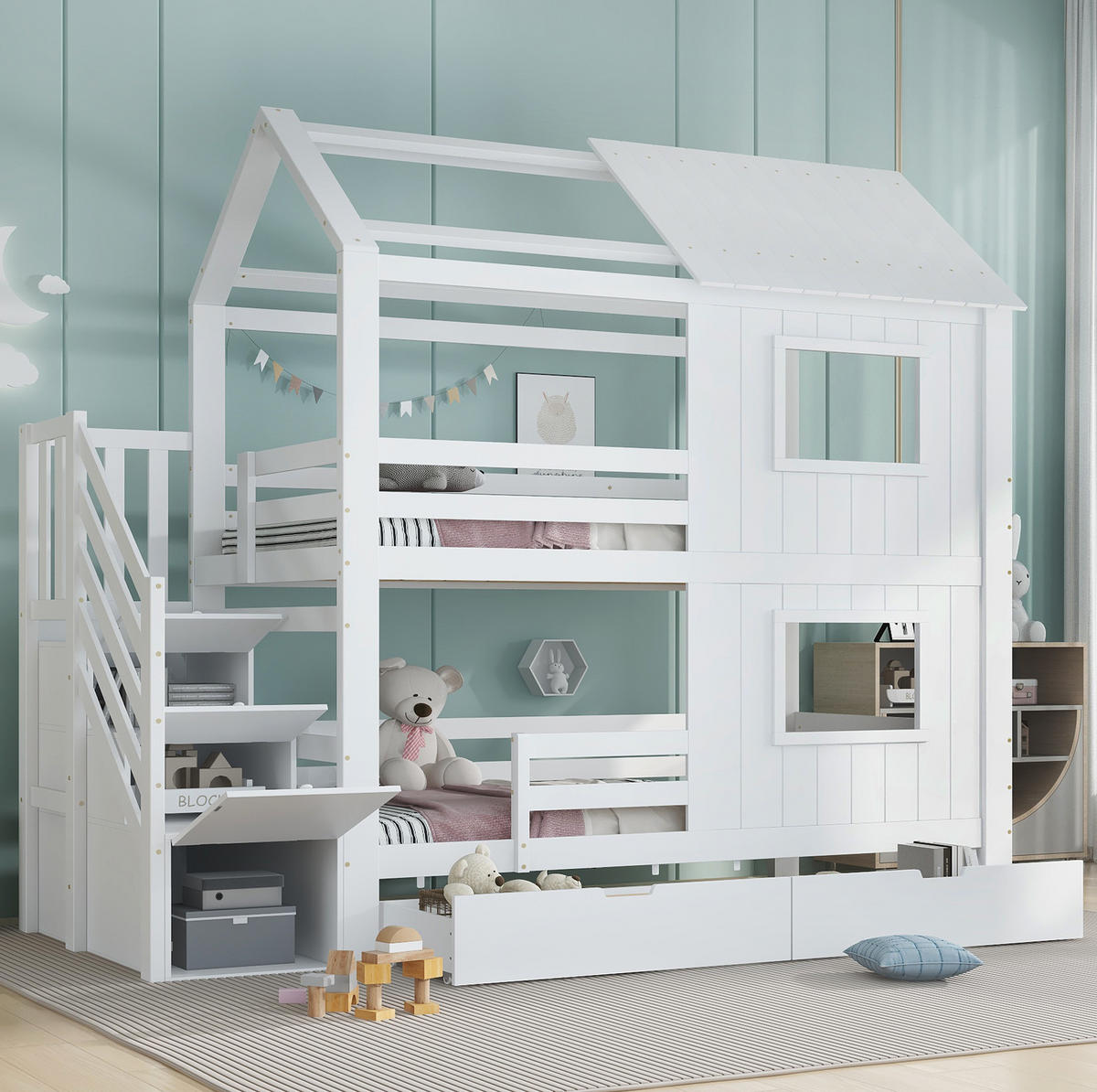 ETAGENBETT aus Kiefer und MDF 90x200 cm Weiß mit Treppenschrank, Rollschublade, Dach und Fenstern - Weiß, Holzwerkstoff (90/200cm) - Modfu