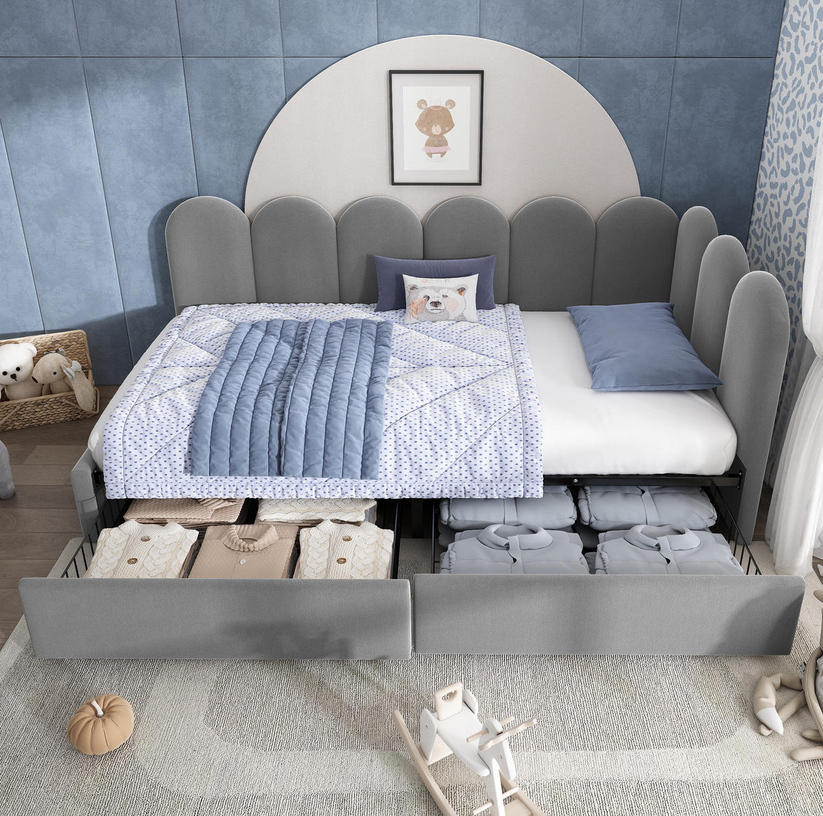 POLSTERBETT 90/200 cm grau aus Samt mit 2 Schubladen und austauschbaren Seitenteilen - Grau, Textil (90/200cm) - OKWISH