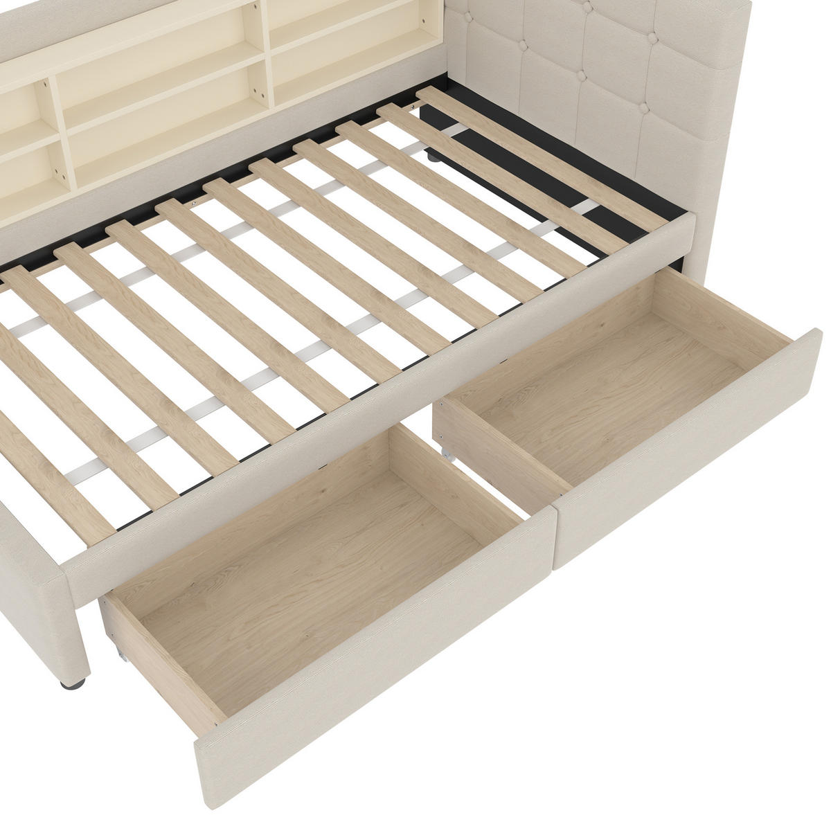 POLSTERBETT 90/200 cm Beige aus Leinen mit 2 Schubladen - Beige, Textil (90/200cm) - OKMYHOME