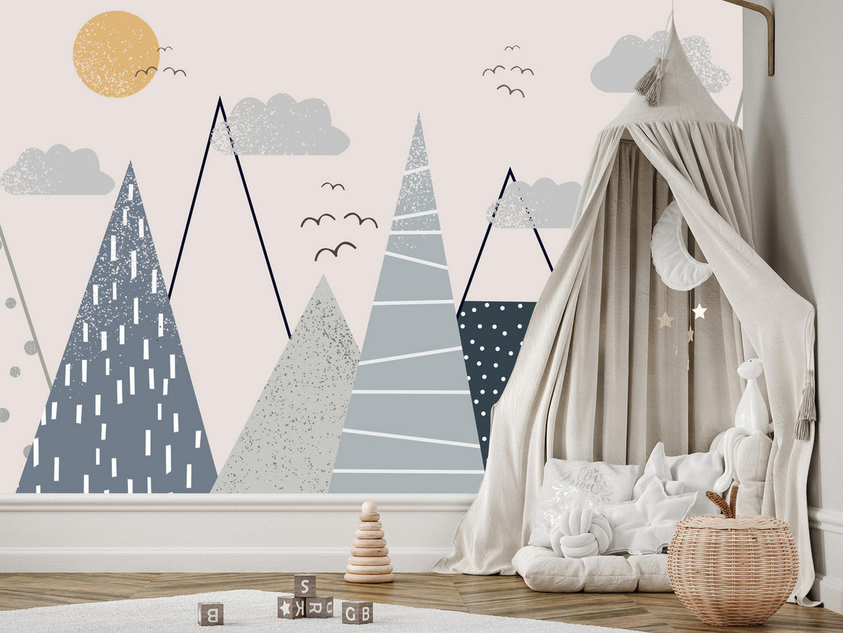 FOTOTAPETE für Kinder Berge im skandinavischen Stil 300x210 - Beige/Schwarz, Papier (300/210cm) - Muralo