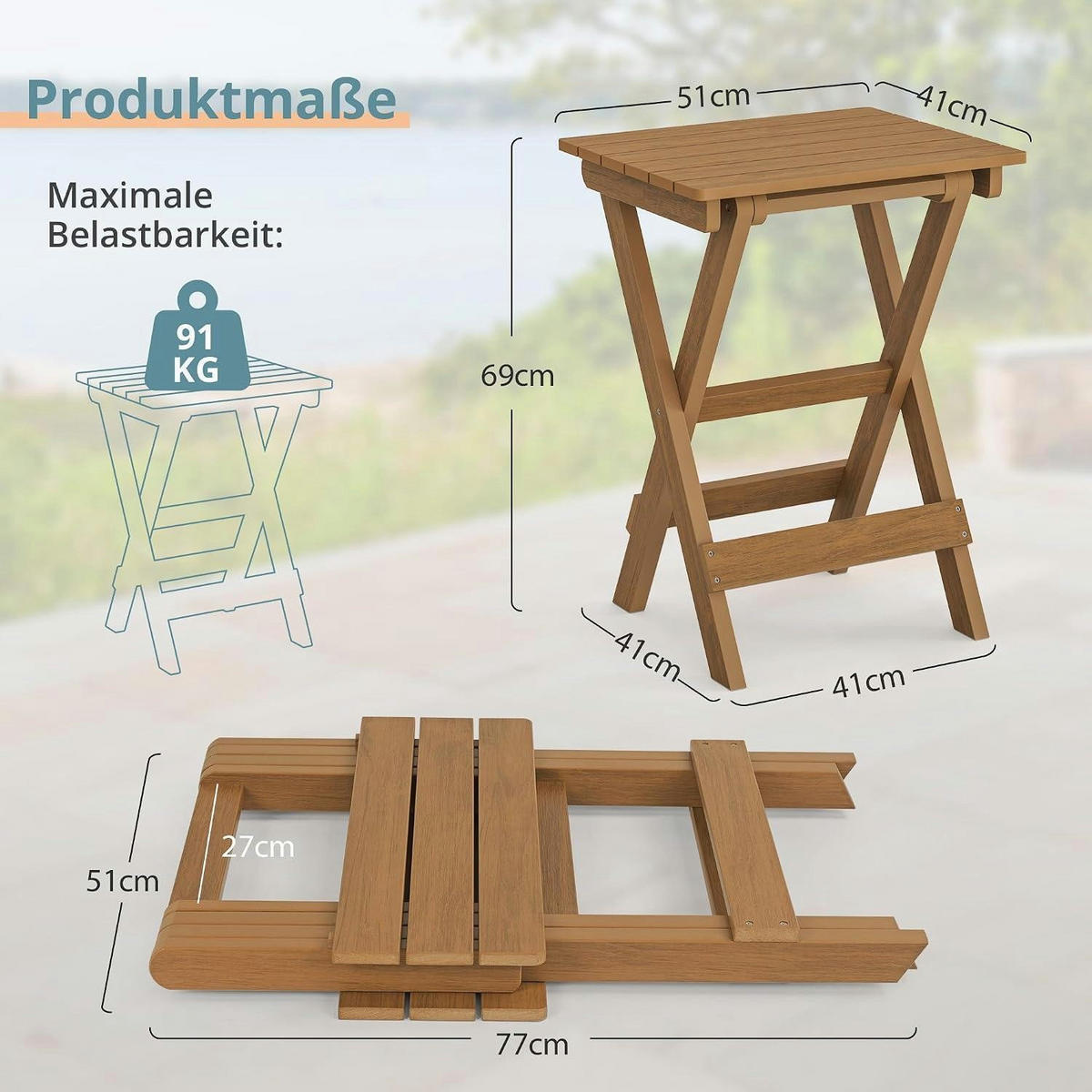 BEISTELLTISCH Outdoor Klappbar Teakfarbe 51 x 41 x 69 cm - Braun, Kunststoff (51/41/69cm)
