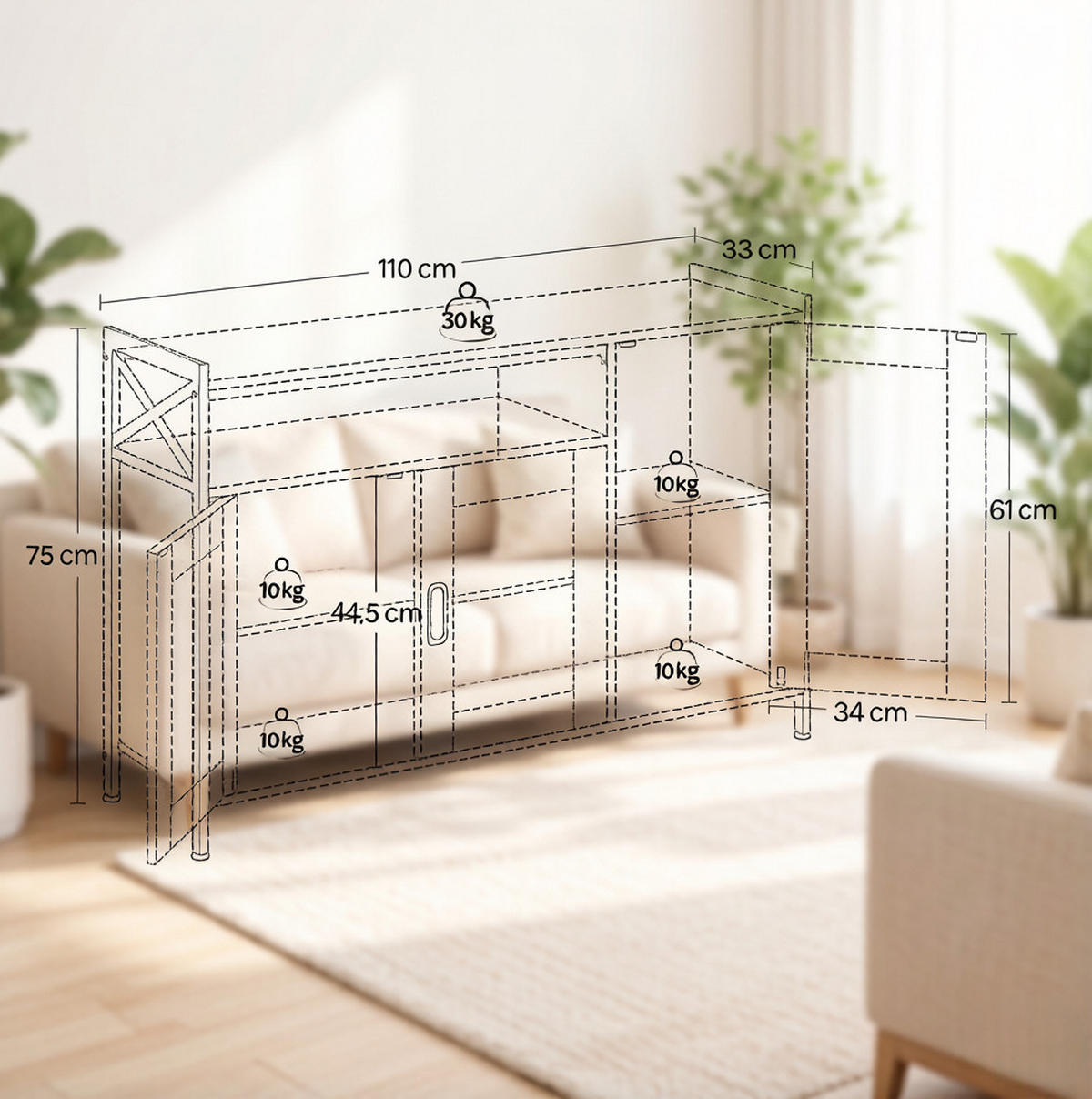 SIDEBOARD 110/33/75 cm in Rustikalbraun mit offenem Fach und verstellbaren Regalen - Dunkelbraun, Metall (110/75/33cm) - BEAOK
