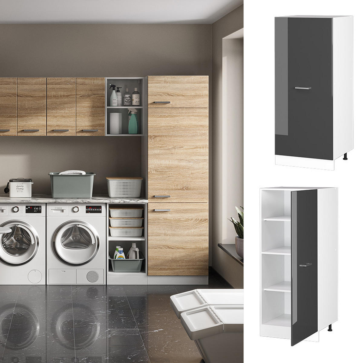 HOCHSCHRANK R-Line Anthrazit Hochglanz 60 cm mit großer Tür - Anthrazit/Weiß, Holzwerkstoff (60/143/57.2cm) - Vicco