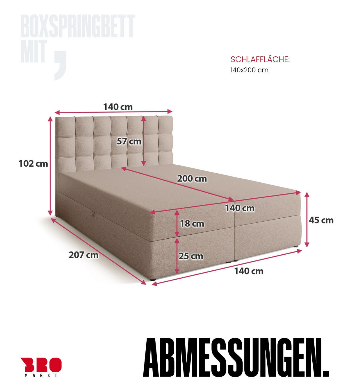 BOXBETT Detroit mit Topper 140/200 Beige - Creme, Textil (140/200cm) - Bromarkt
