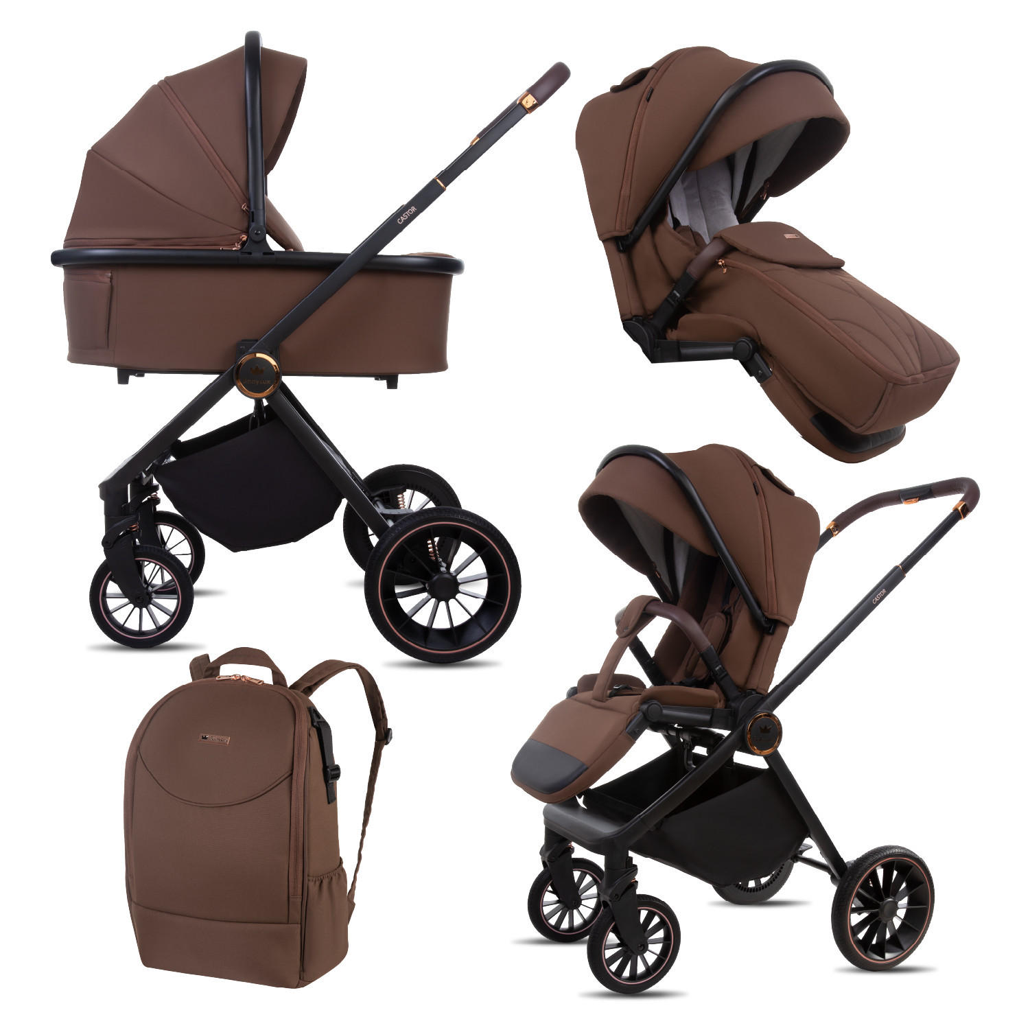 KINDERWAGEN Castor 2in1 Brownie Babywanne, Buggy Sportsitz, Faltbar, Wickeltasche - Schwarz/Braun, Textil/Metall (58/100cm) - BabyLux