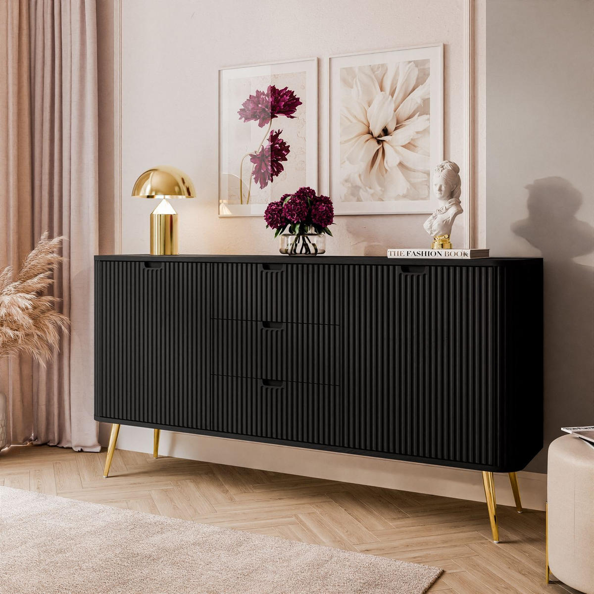 KOMMODE ZAIRA KSZ168 mit Schubladen Schwarz - Schwarz, Holzwerkstoff (168/87/39cm) - Lookway