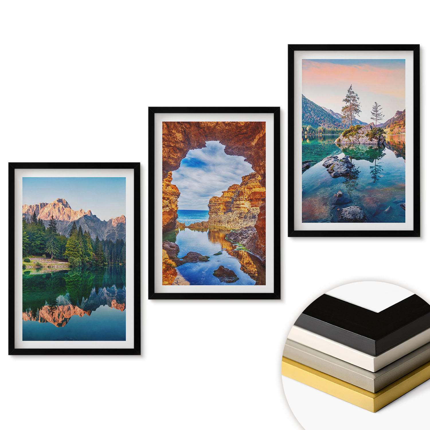 WANDBILDER 3er-Set - 40x60 cm Schwarzer Rahmen - Spiegelungen der Felsen in Bergseen - Schwarz, Kunststoff (40/60cm) - ArtPrintCave