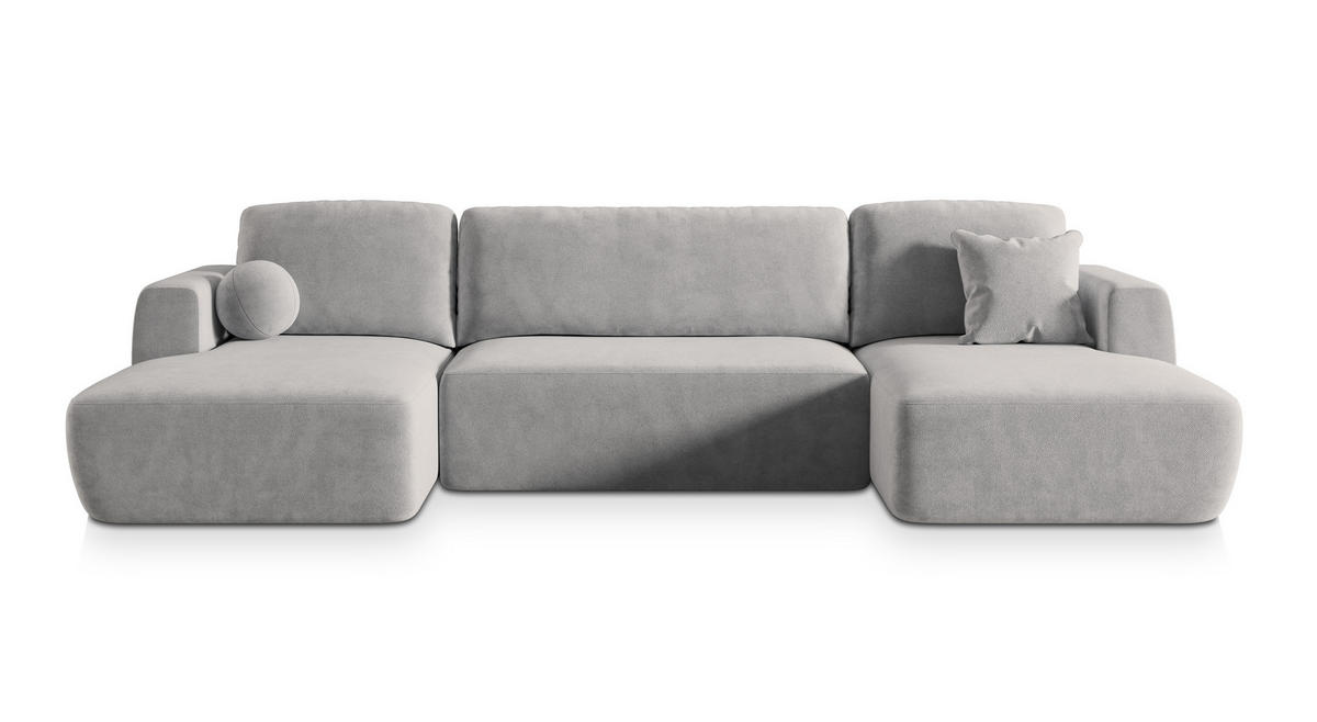 WOHNLANDSCHAFT SENTUM K Hellgrau Plüsch-Stoff mit Schlaffunktion - Hellgrau, Holz (330/90/148cm) - MASSENO