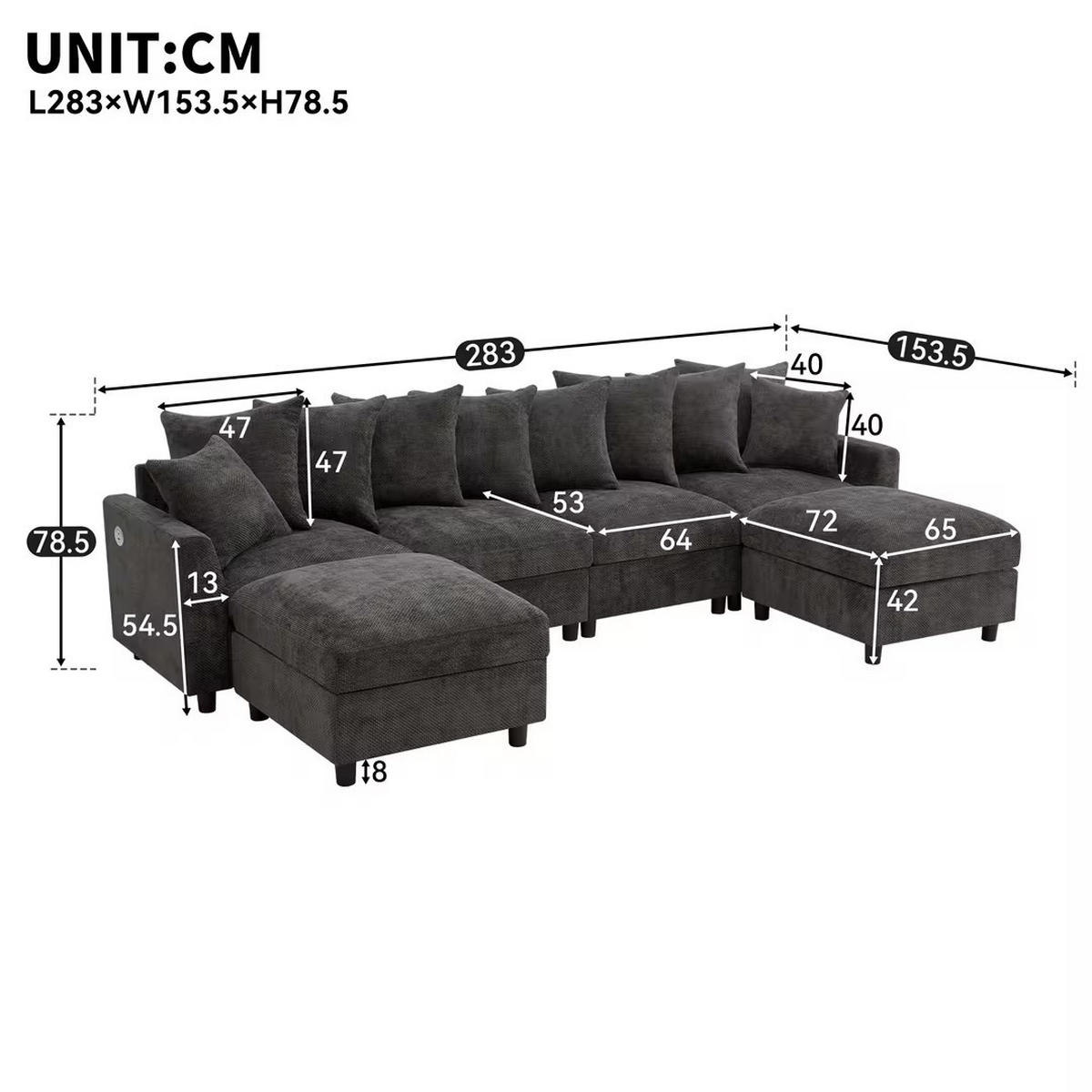 ECKSOFA Modular, Grau, Waffel-Chenille, 6-Sitzer, 2 Hocker - Grau, Textil (153.5/283cm)