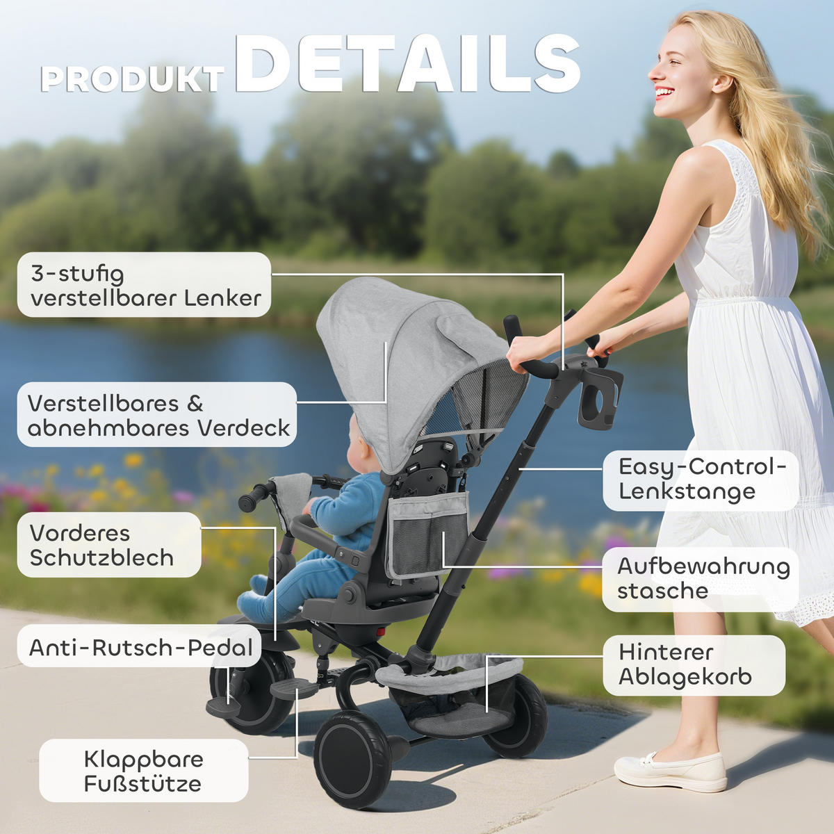 KINDERDREIRAD DE-10489 6-in-1 Buggy mit Schiebegriff Grau - Grau, Metall (111.5/52/98cm) - ComfortXL