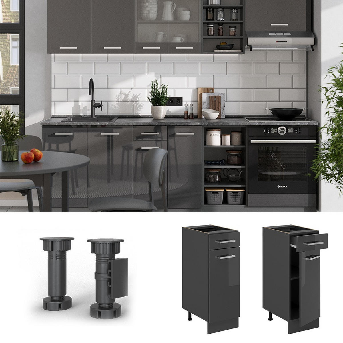 KÜCHENUNTERSCHRANK R-Line Anthrazit Hochglanz 30 cm , AP Eiche - Schwarz Hochglanz/Anthrazit, Holzwerkstoff (30/81.6/60cm) - Vicco