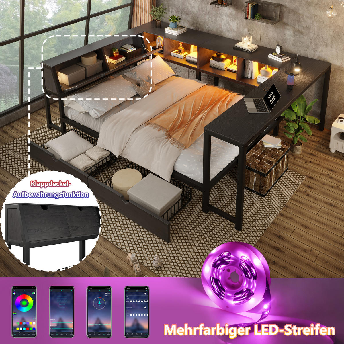 METALLBETT 140x200cm mit Stauraum-Kopfteil, Schwarz - Schwarz, Metall (140/200cm) - KOMHTOM