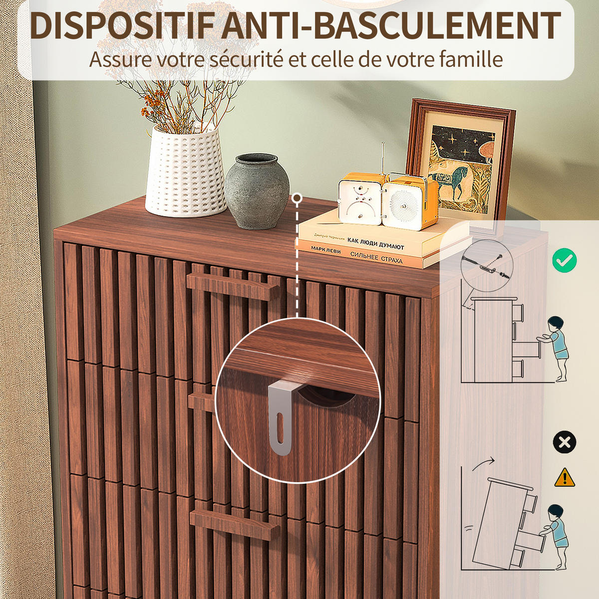 KOMMODE 60x34x91 cm 4 Schubladen Holzgriffe Stauraum Walnussoptik - Braun, Holz (34/91/60cm) - Fortuna Lai