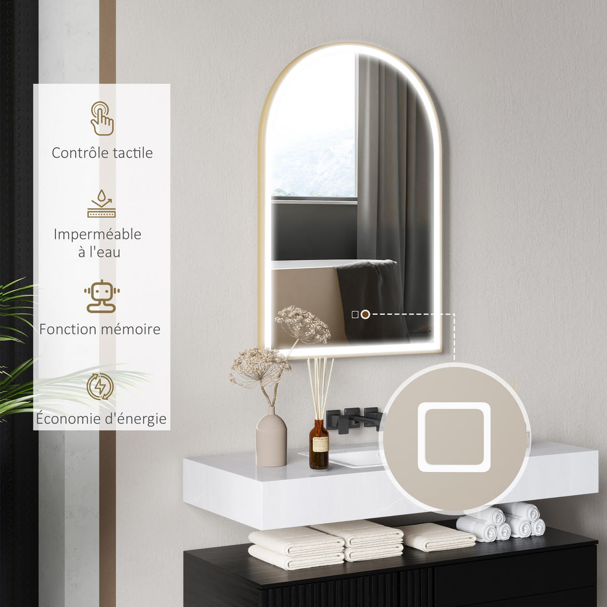 BADEZIMMERSPIEGEL DE-15165 90/60 cm gewölbt mit 3 LED-Farben - Goldfarben, Glas (3/60/90cm) - ComfortXL