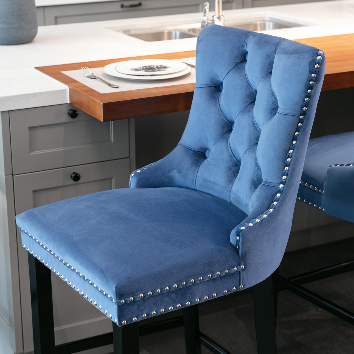 BARHOCKER 2er-Set Blau mit Samtbezug und Rückenlehne - Blau, Textil (65/95/50cm) - PANGIVO
