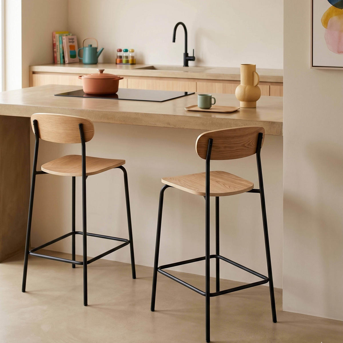 BARHOCKER 2-tlg., Schwarz - Schwarz, Holz/Metall (50/96/42cm) - Oviala