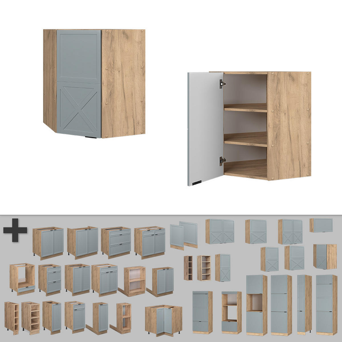 ECKHÄNGESCHRANK Fame-Line Hellblau-grau 57 cm - Honigeiche/Eiche Wotan, Holzwerkstoff (57/72/34.1cm) - Vicco