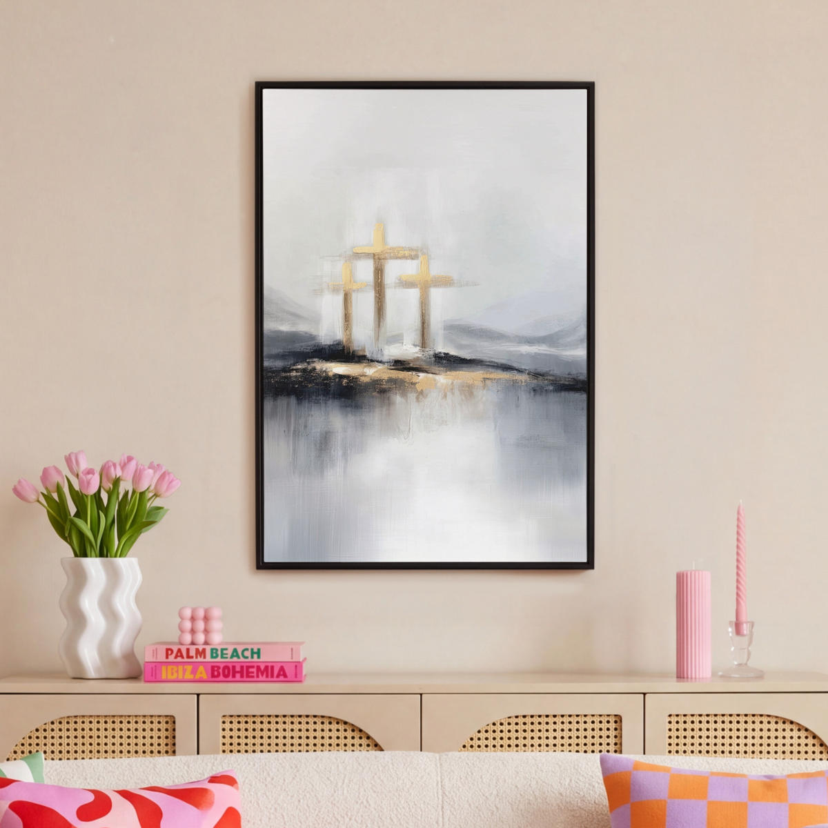 LEINWAND Bilder mit Rahmen - Abstrakt - Malerei - Christentum - Kreuz - 60x90 - Weiß, Textil (60/90cm) - MuchoWow