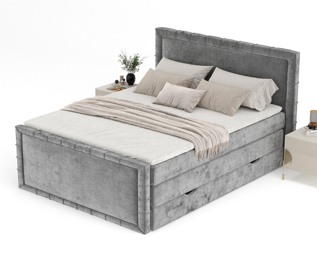 BOXBETT Estelle Grau 200/200 cm im Chenille-Stoff - Schwarz/Grau, Holz/Holzwerkstoff (200/200cm) - Maison de Reve